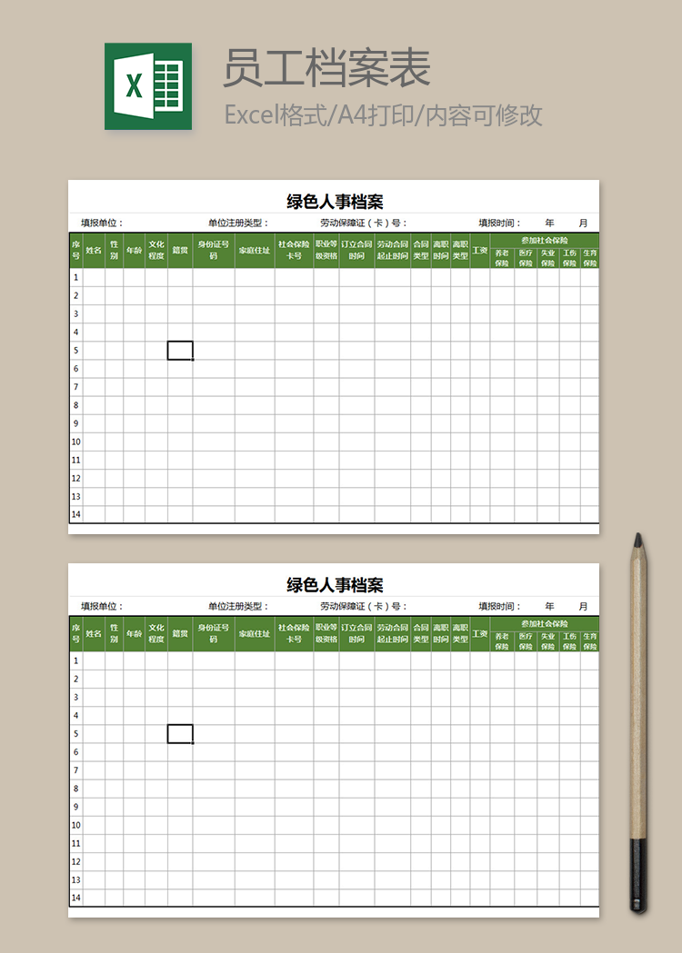 绿色人事档案员工档案表