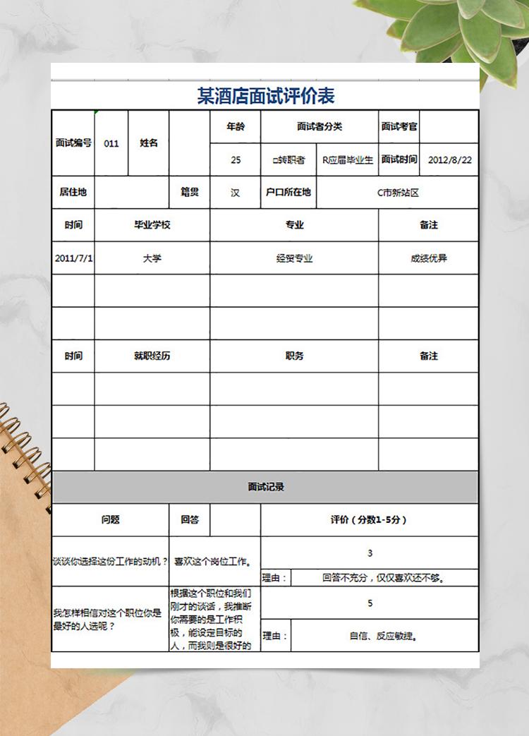 某酒店面试评价表