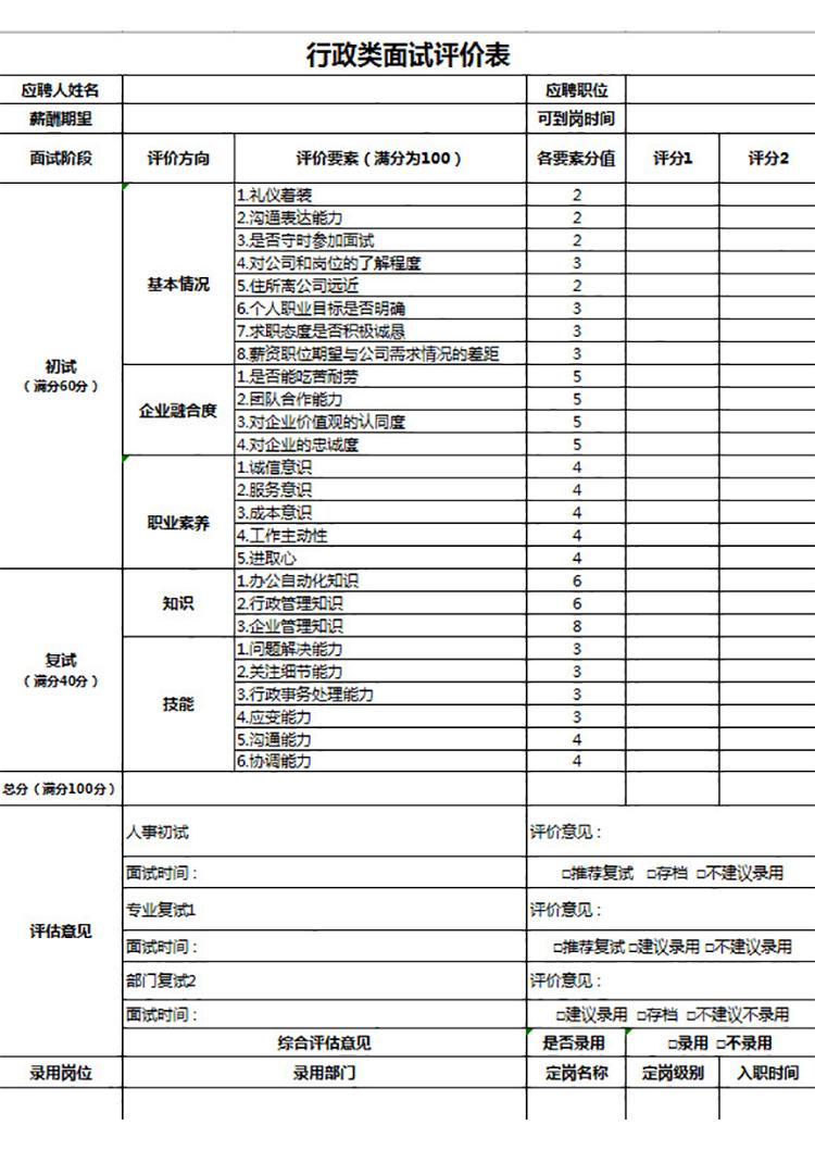 行政类面试评价表-1