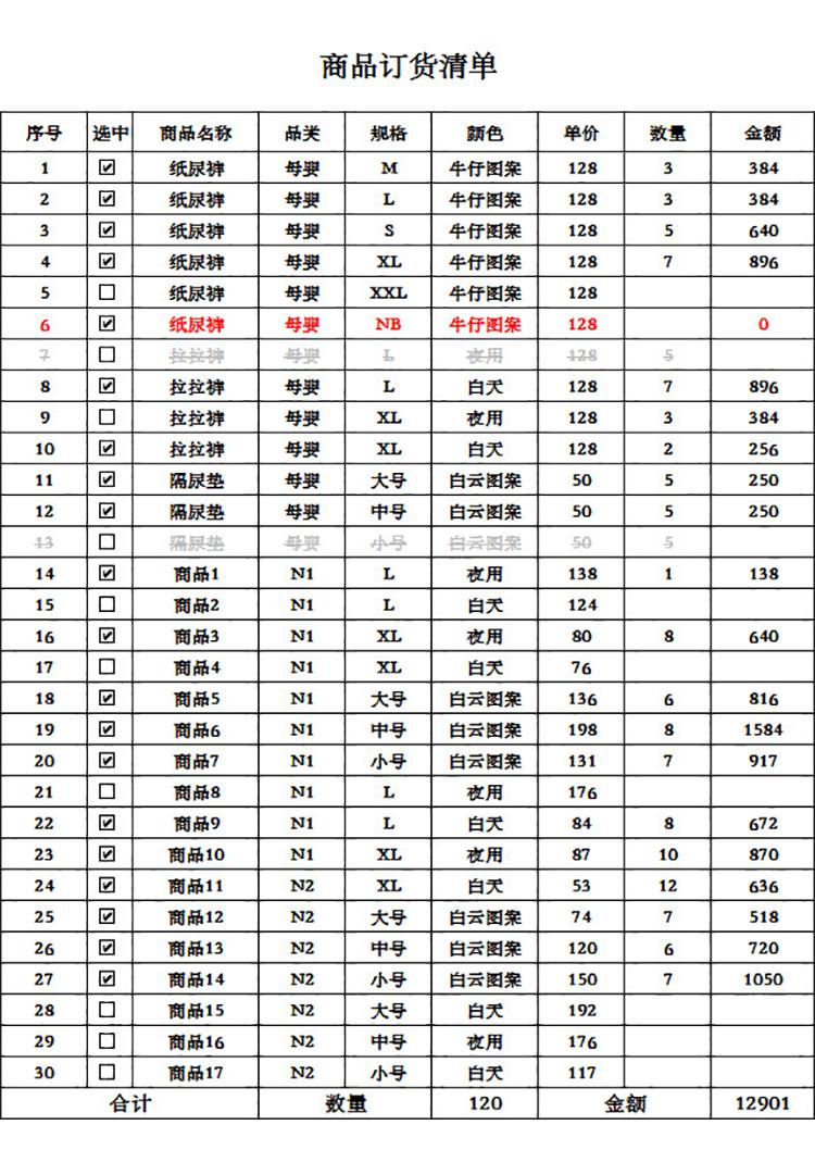 商品订货清单-1