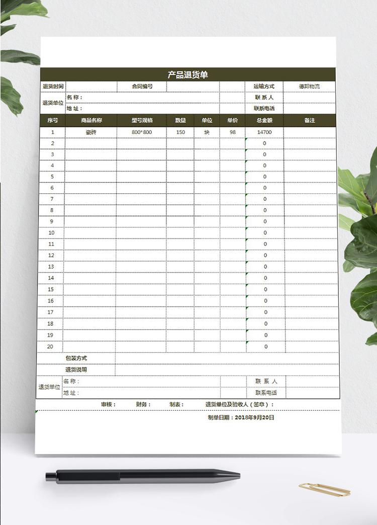 公司仓库产品退货单