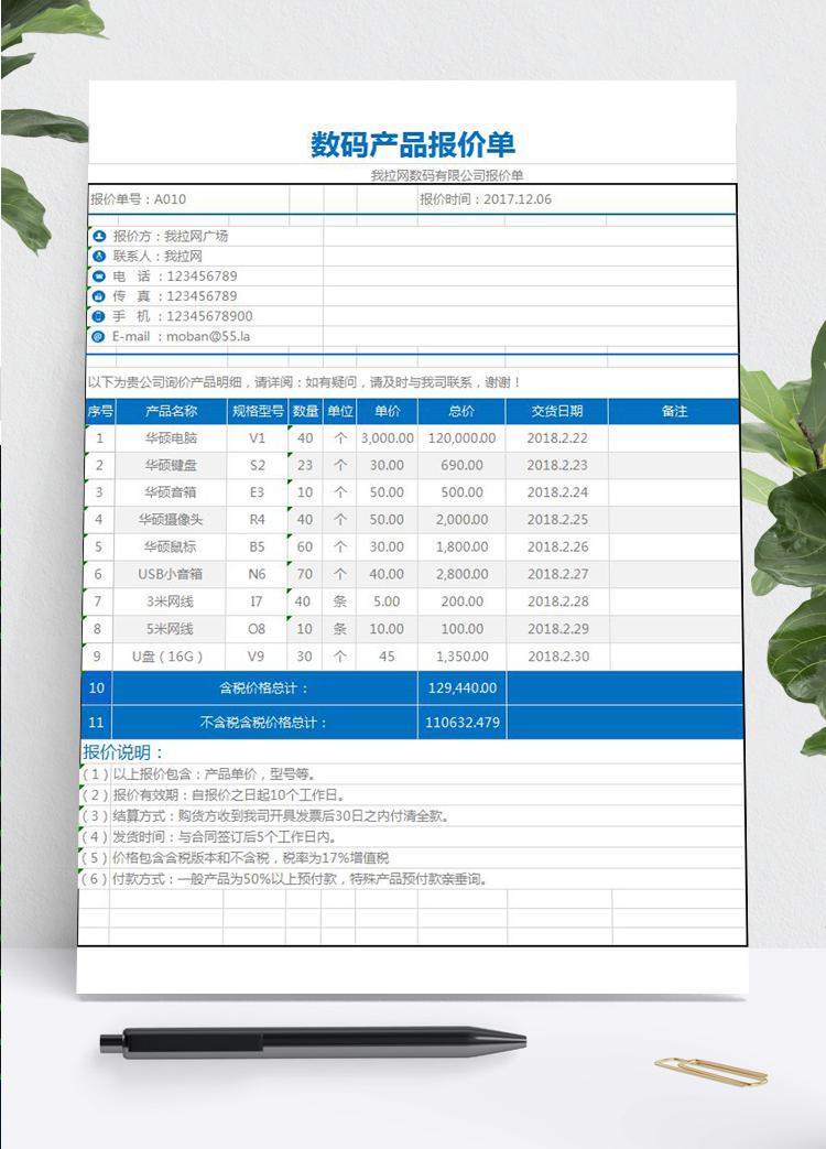 数码产品报价单明细记录excel图表