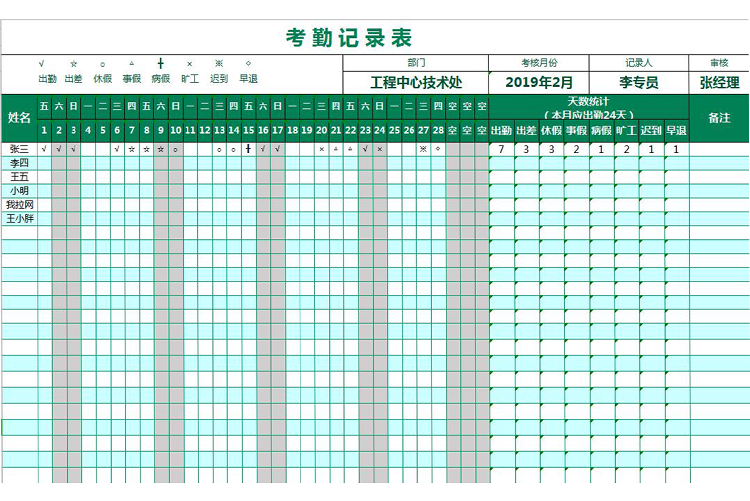 公司考勤表自动公式统计表-1