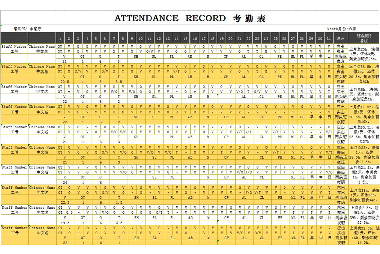 黄色系中英文月度考勤表-1