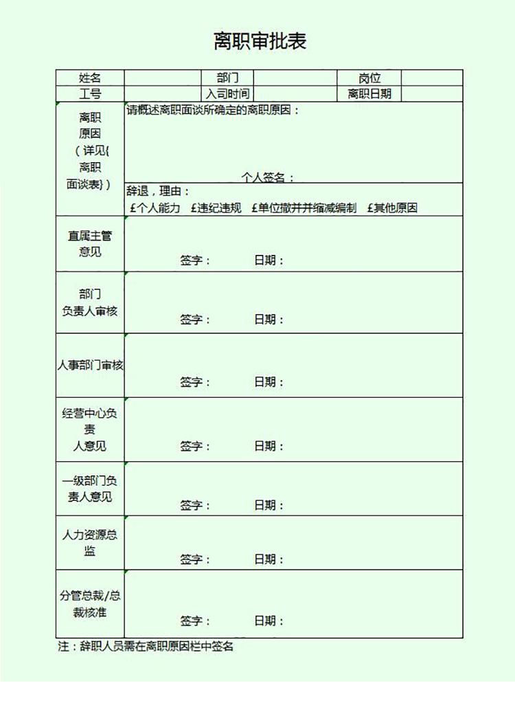 企业职员离职审批单管理模板excel-1