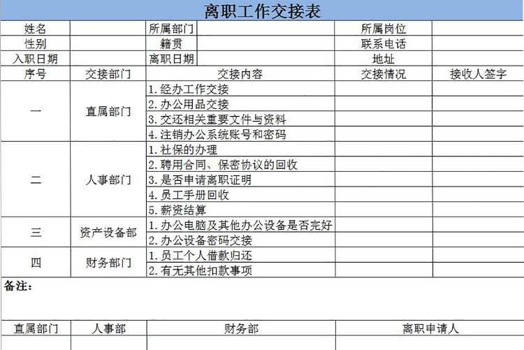 蓝色横版离职交接明细表-1