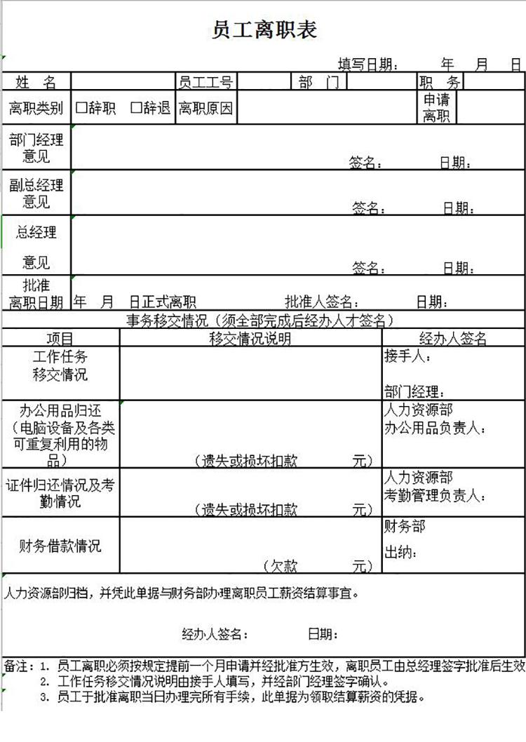 员工离职交接表Excel模板-1