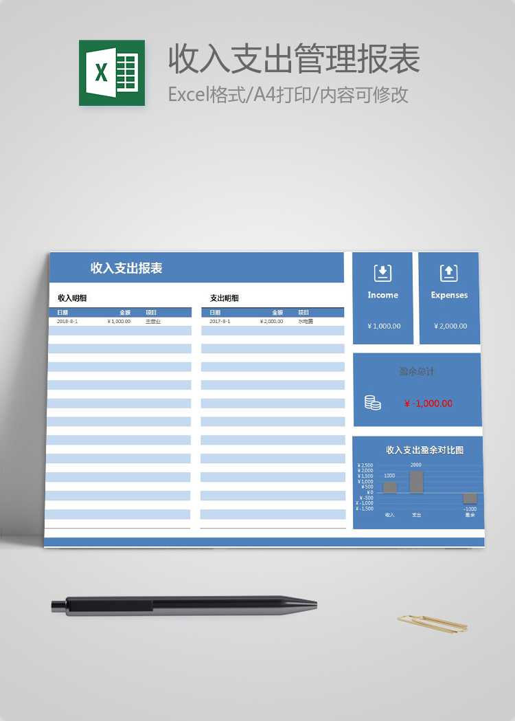 蓝色风收入支出管理报表