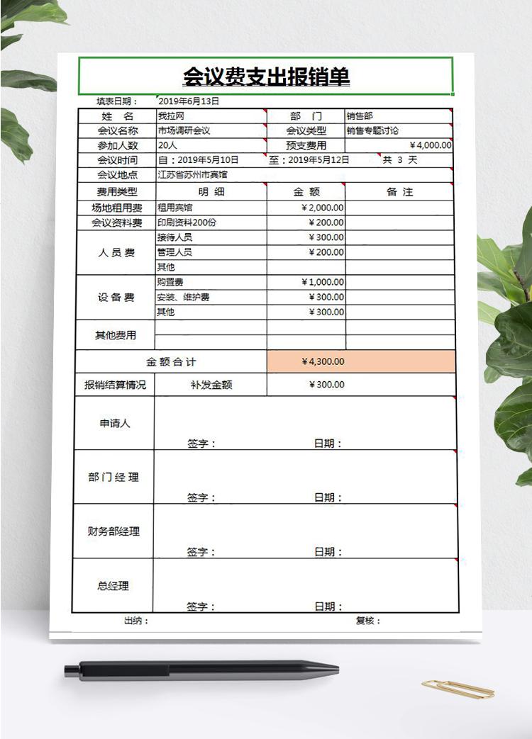 常用版会议费支出报销单