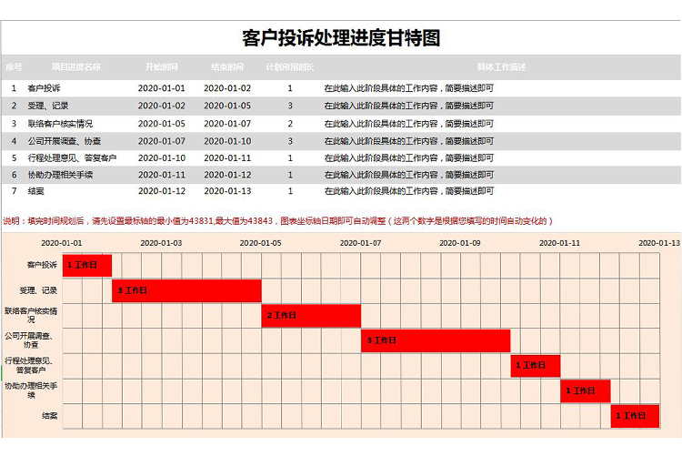 红粉灰客户投诉处理进度甘特图Excel模板-1