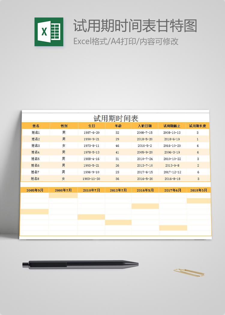 金桔色风试用期时间表甘特图模板