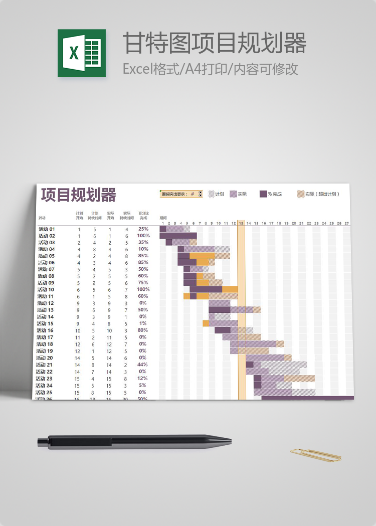 暗紫色风格甘特图项目规划器模板