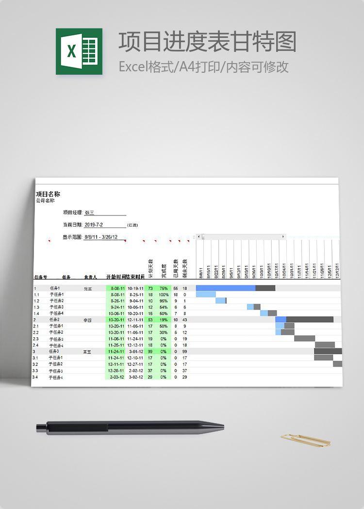 粉绿通用项目进度表甘特图模板