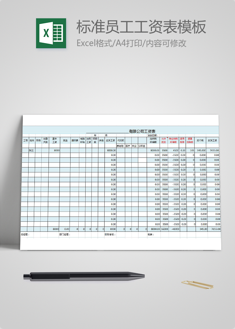 标准员工工资表excel模板
