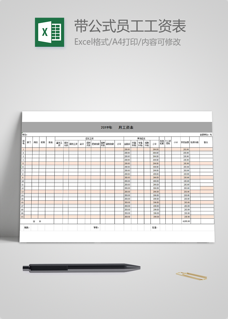 带全勤公式员工工资表模板