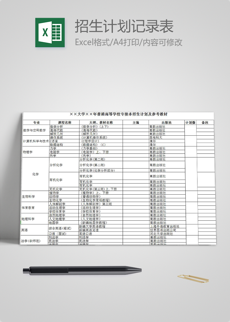 大学普通高等学校专接本招生计划及参考教材