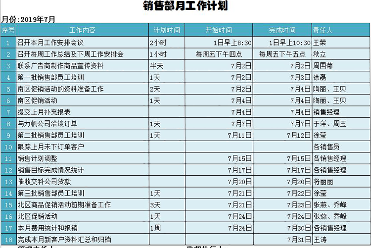 蓝色系销售部月度工作计划表-1