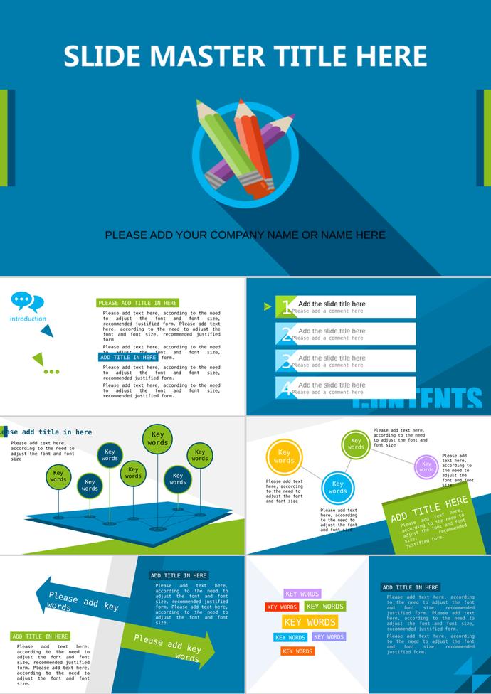 蓝绿扁平卡通铅笔背景PPT模板免费下载