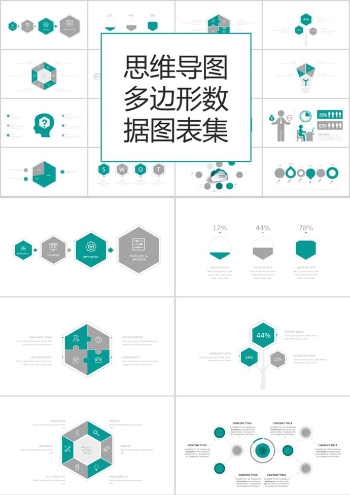 简洁风格思维导图多边形数据PPT图表