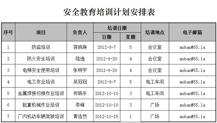 企业安全教育培训计划安排表