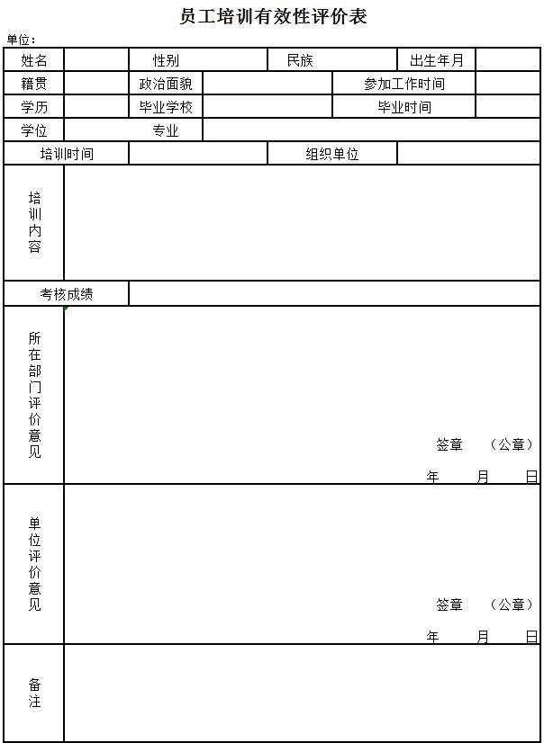 员工培训评价表