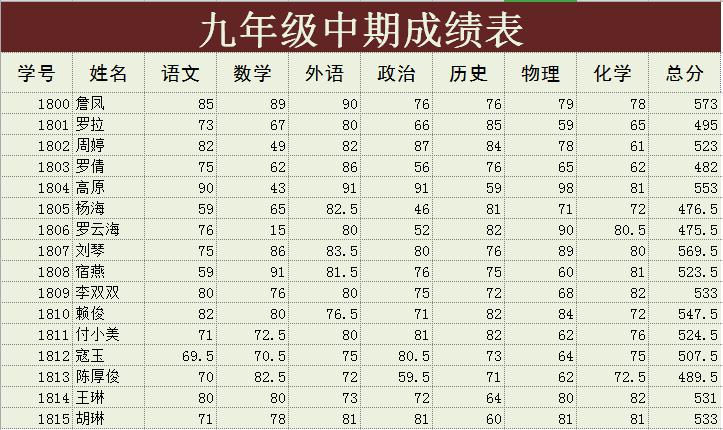 九年级中期学生成绩表