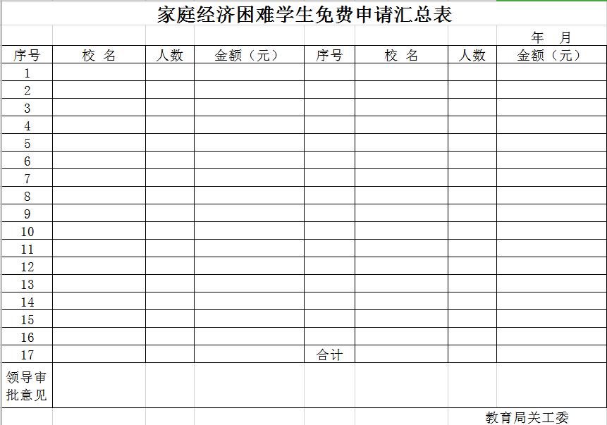 家庭经济困难学生免费申请汇总表