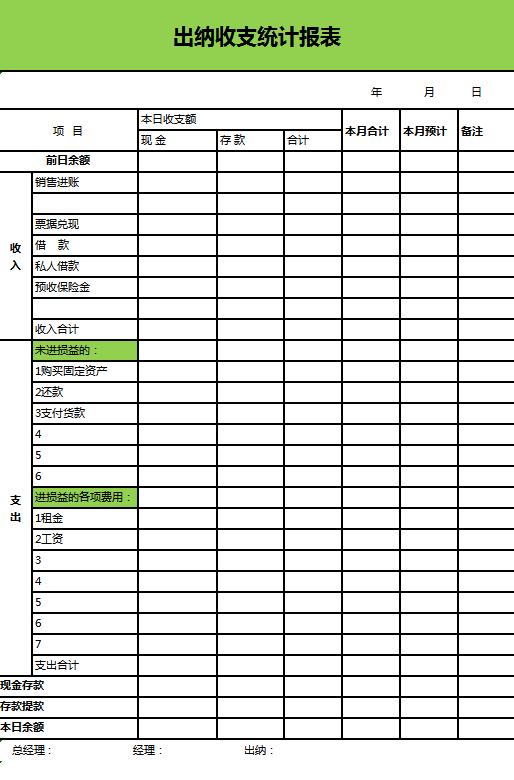 企业出纳收支统计报表excel模板