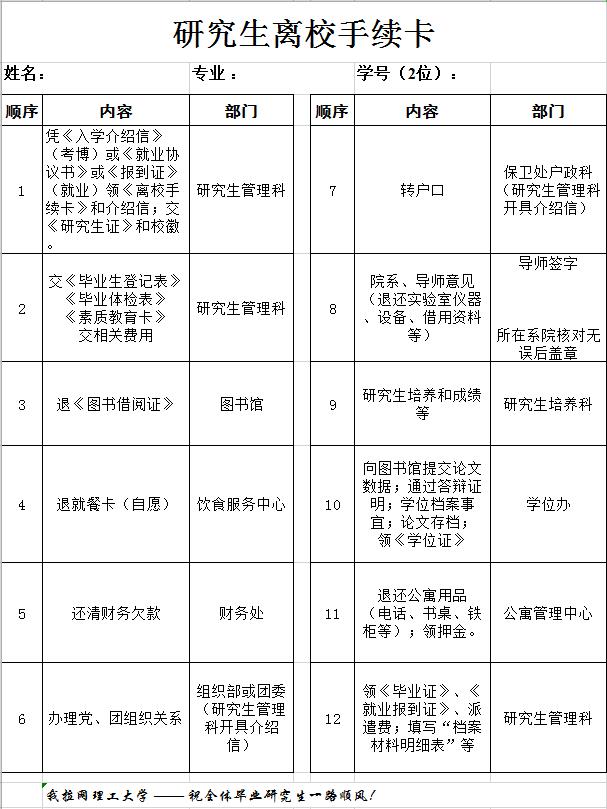 研究生离校手续卡