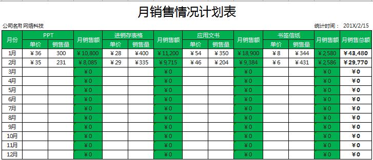 绿色系月销售情况计划表excel模板