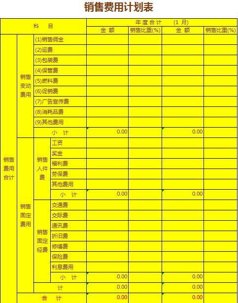 亮黄色系公司销售费用计划表模板