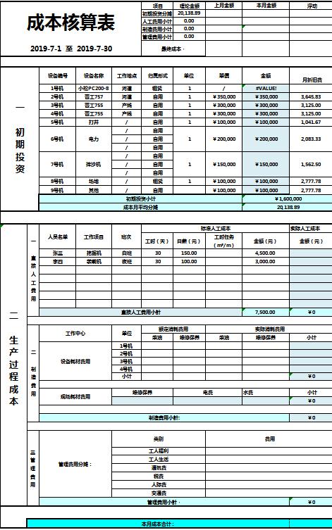 成本核算表excel模板