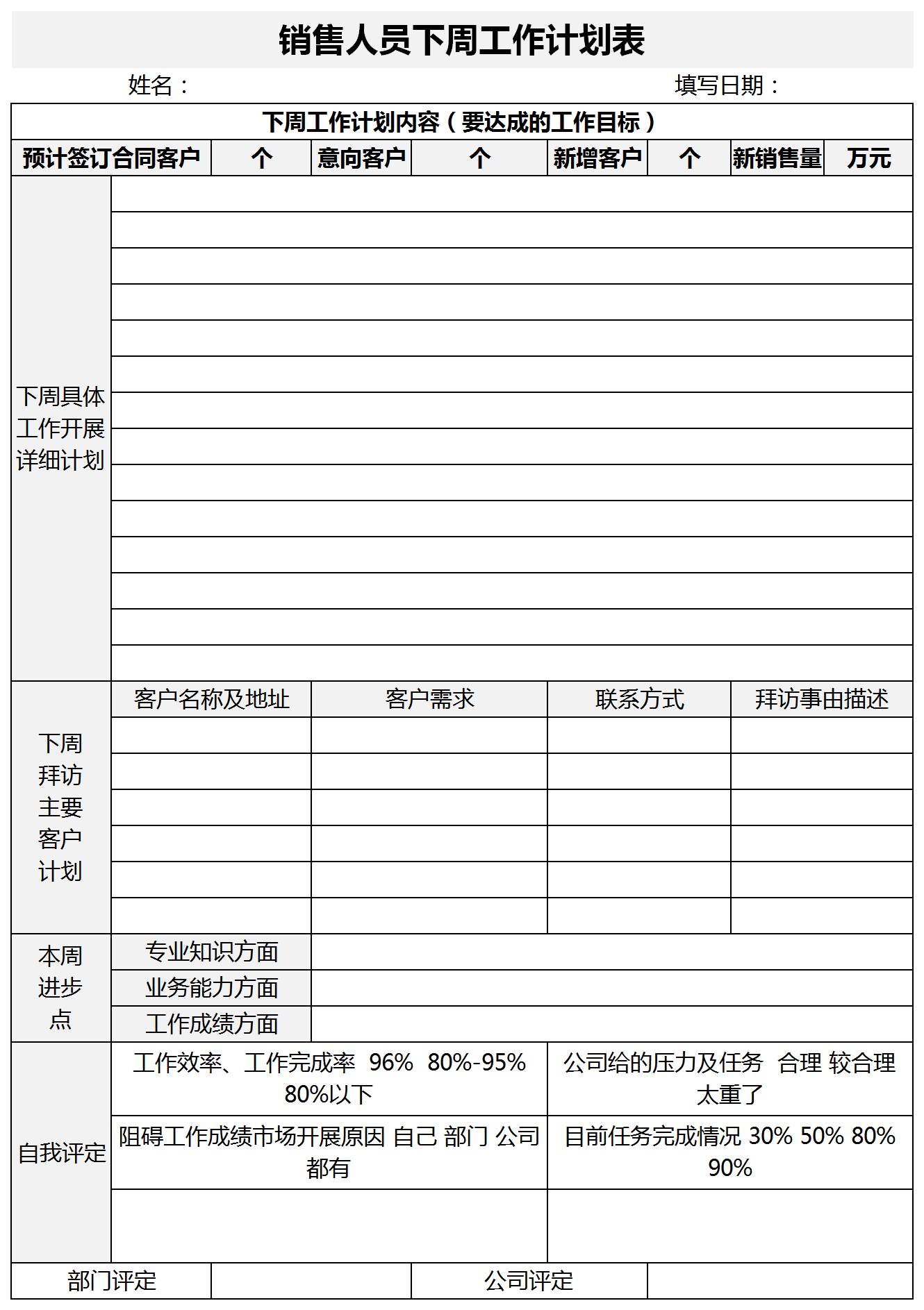 销售人员下周工作计划表excel模板