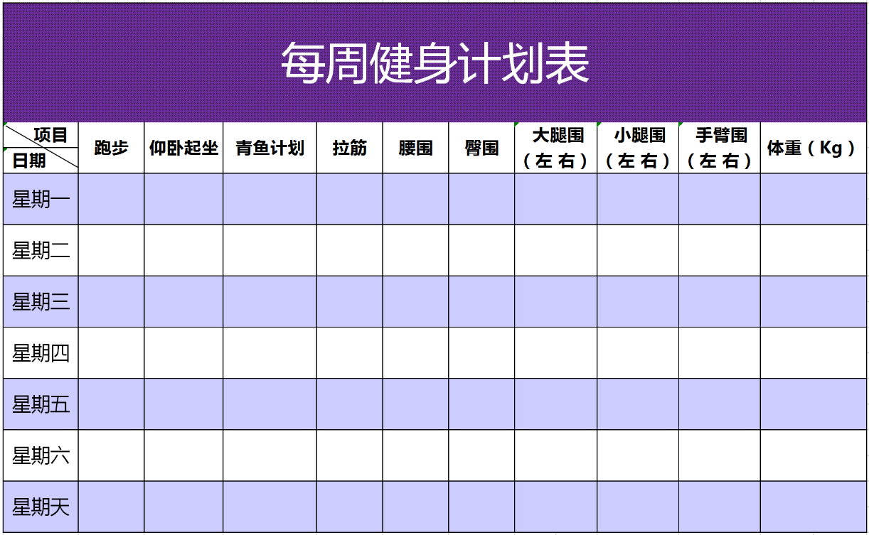 周健身计划表excel模板