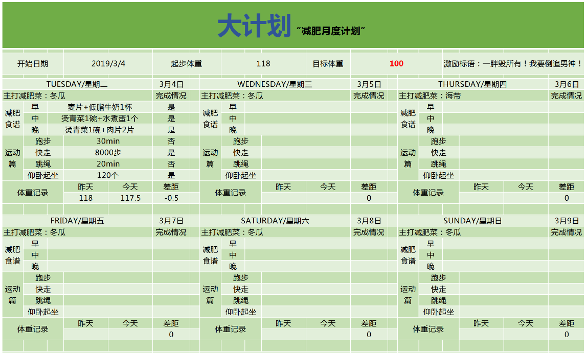 月度减肥计划表Excel模板