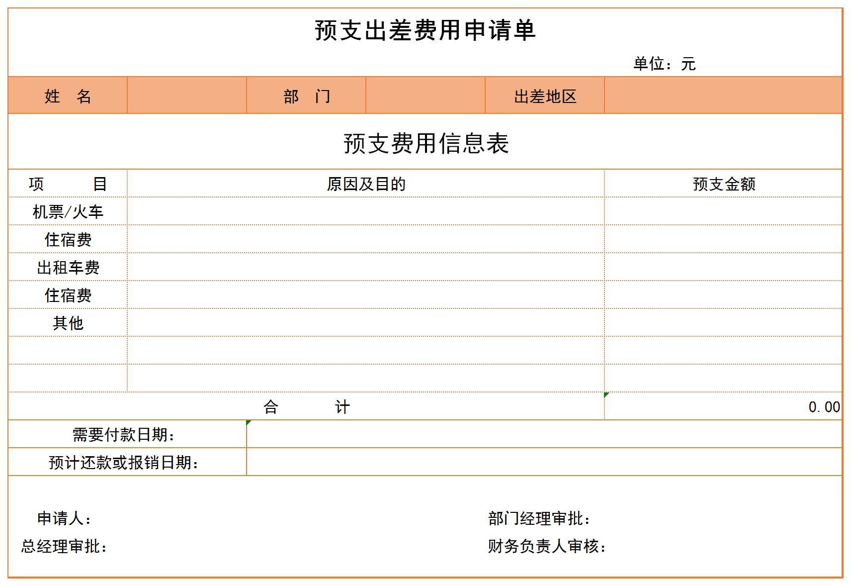 预支出差费用申请单表格模板