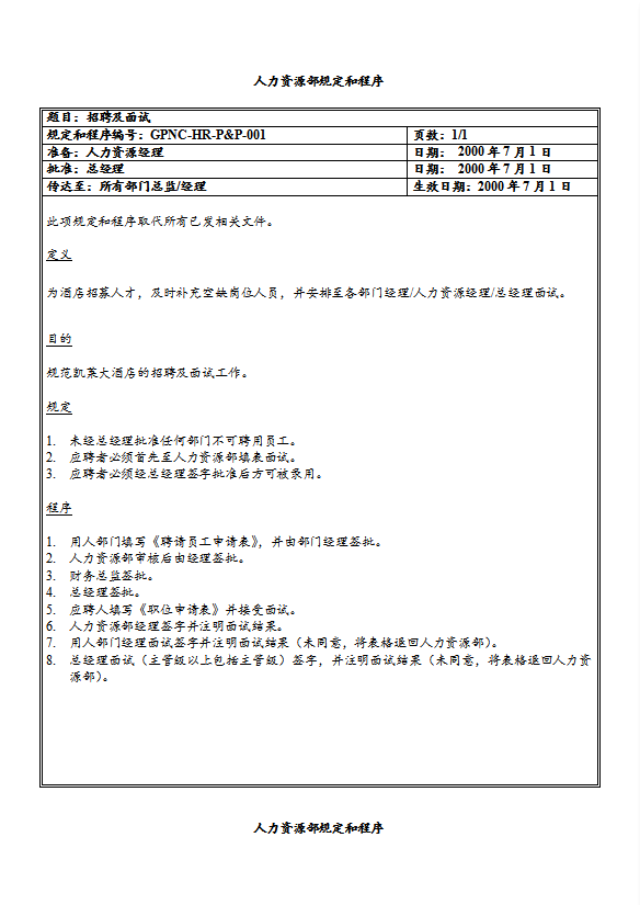 酒店人力资源部规定和程序