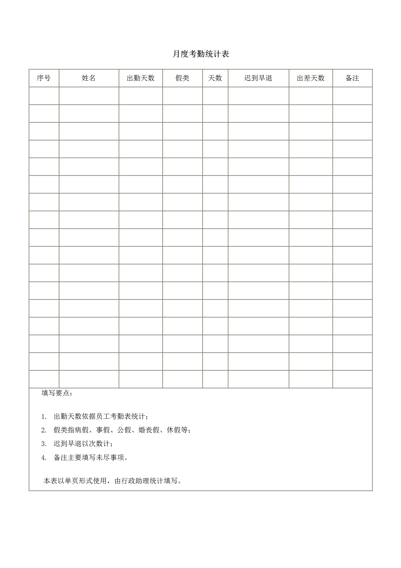 员工考勤通用表格汇总word模板