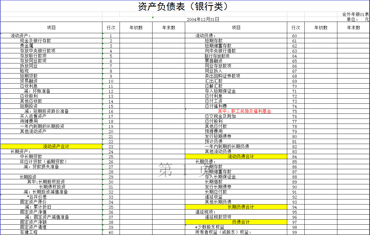 银行类外商投资企业会计报表Excel模板-1