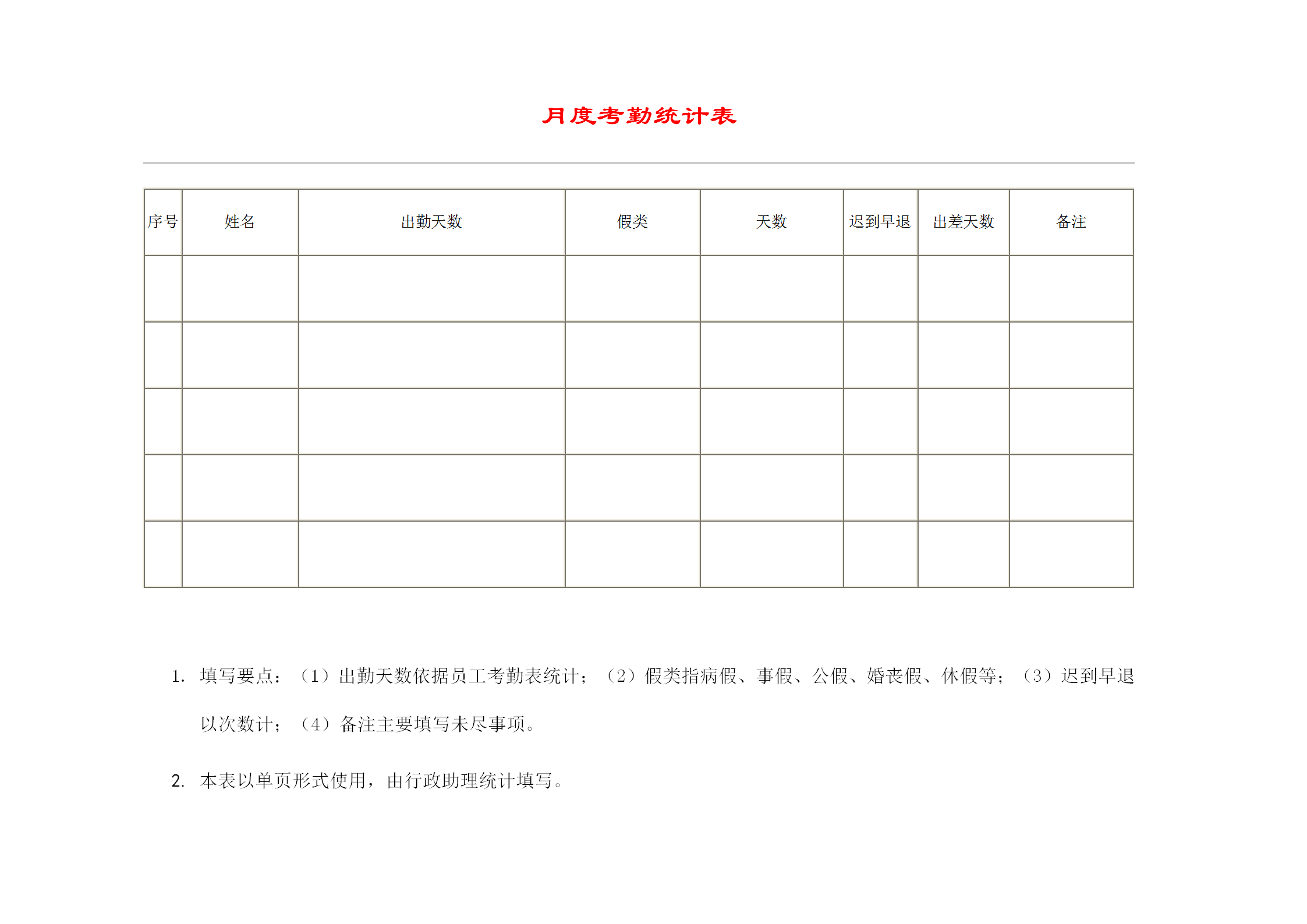 公司月度考勤统计报表word模板