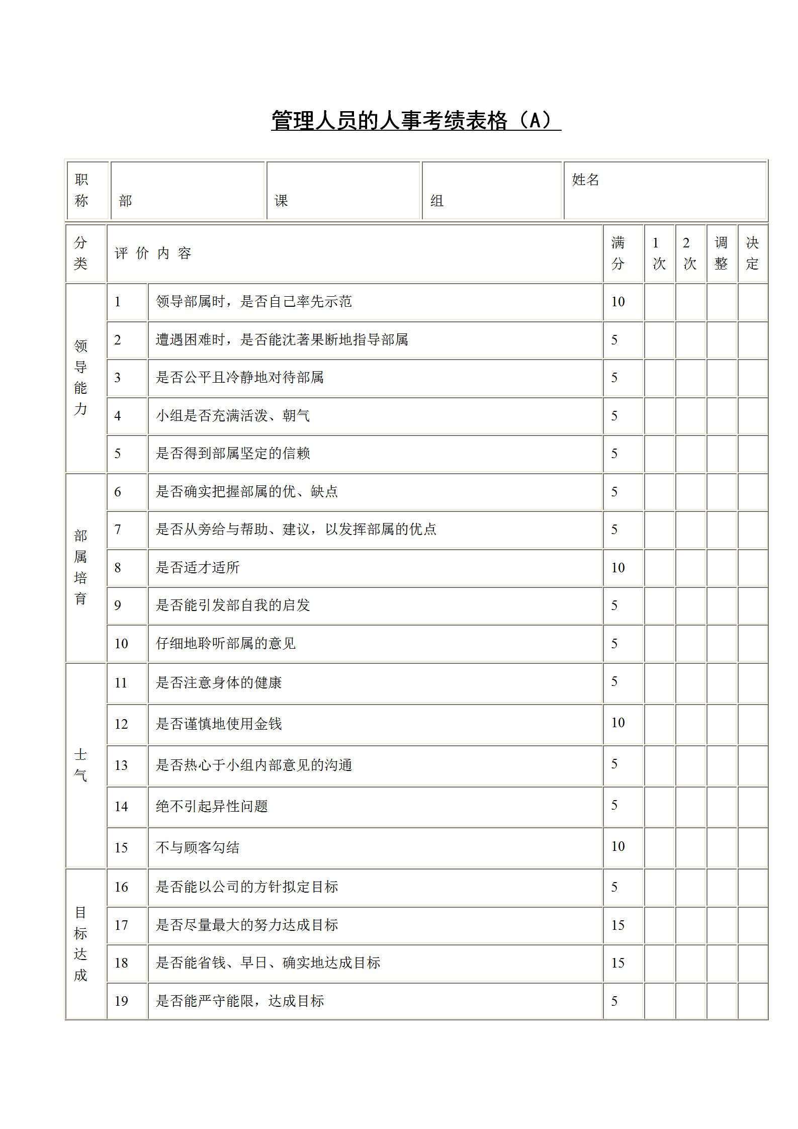 管理人员绩效考绩表格word模板