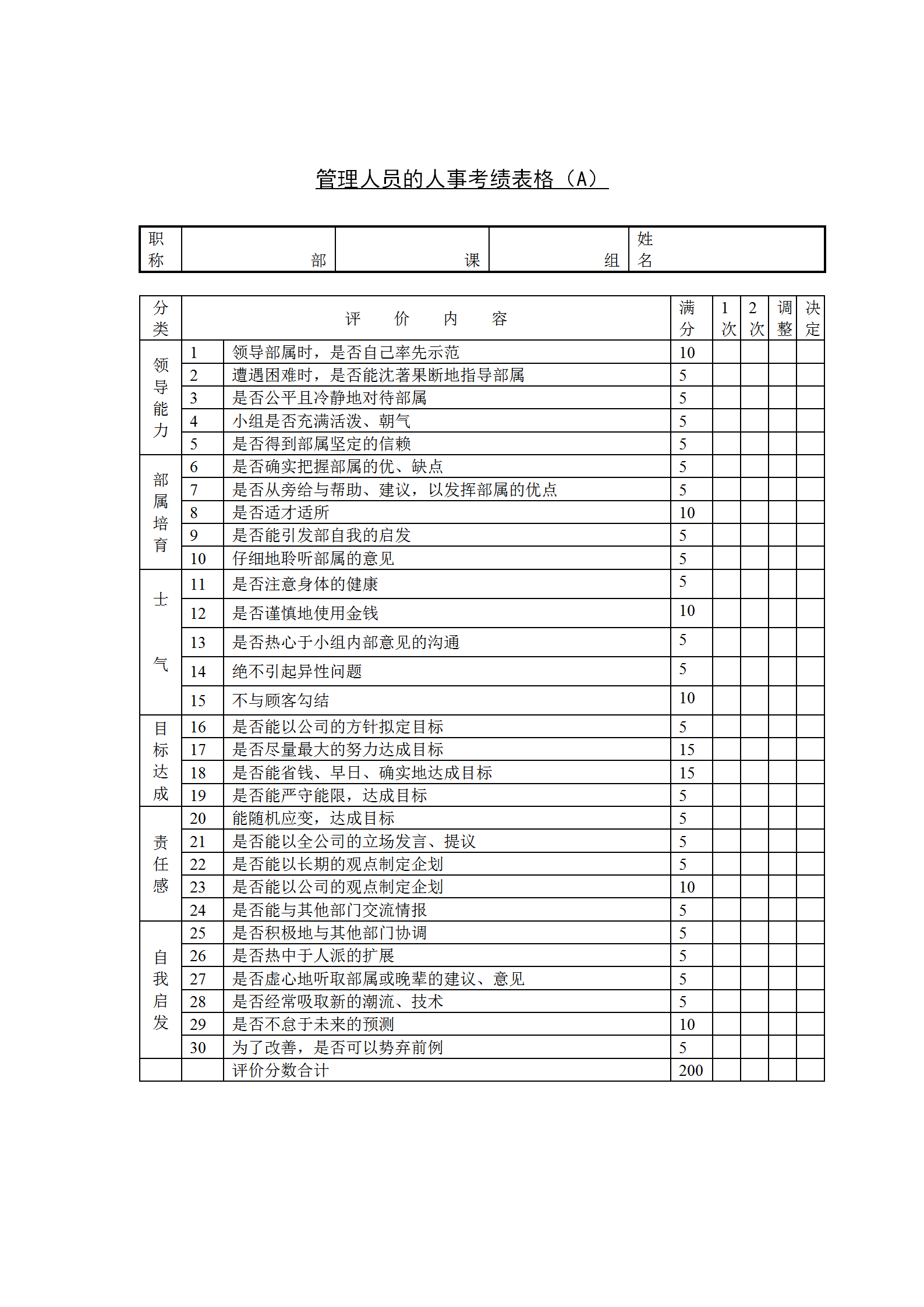 管理人员的考绩表格word模板