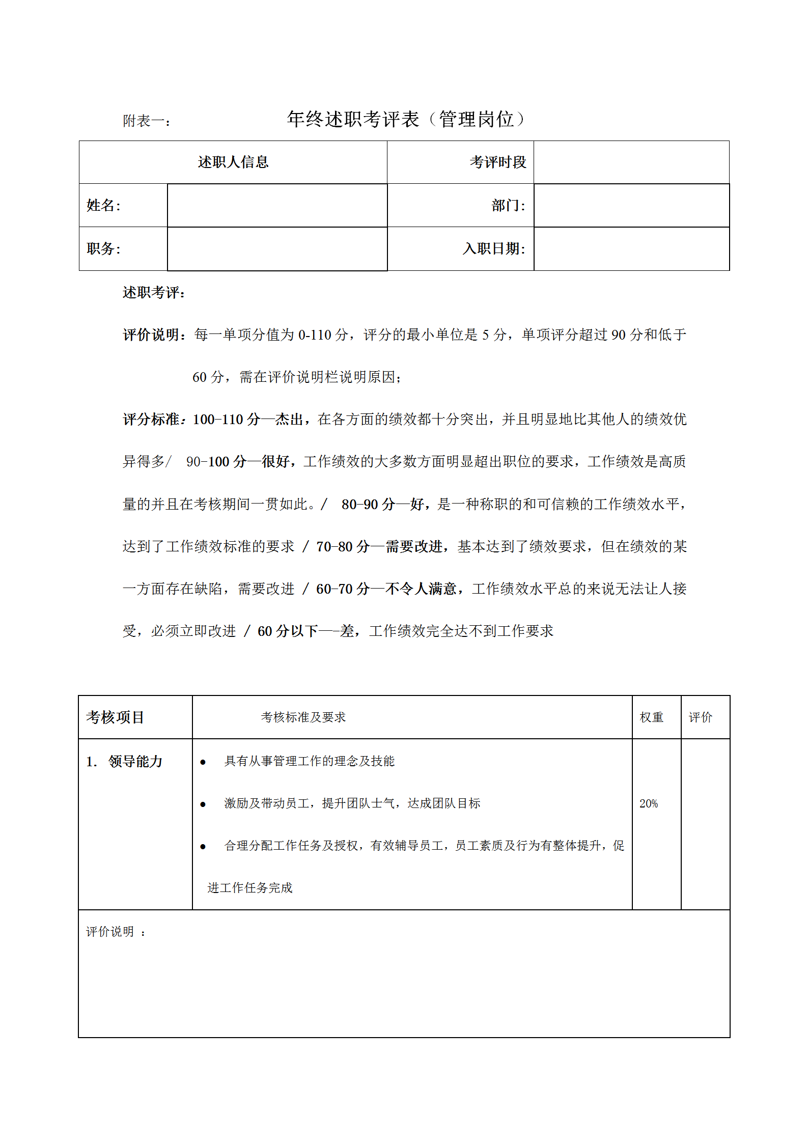 公司年终述职考评表word模板