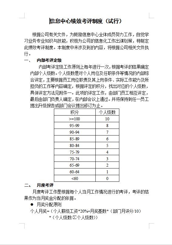 信息中心绩效考评制度Word模板