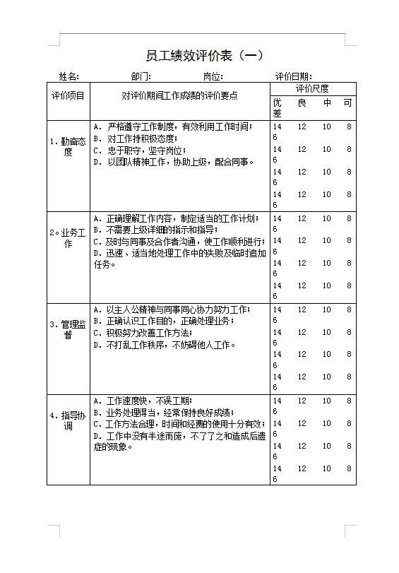 员工绩效评价表Word模板