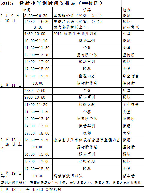 新生军训时间安排表