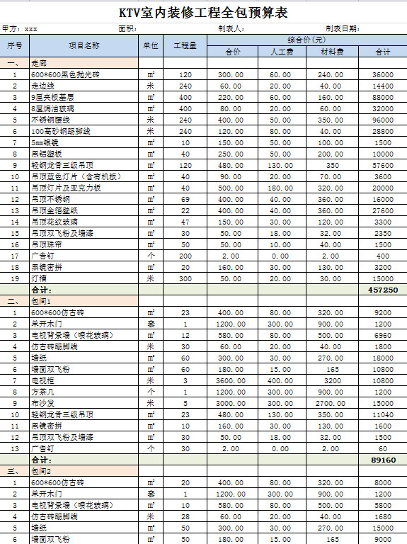 KTV室内装修工程全包预算表-1