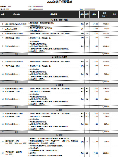 装饰工程预算清单