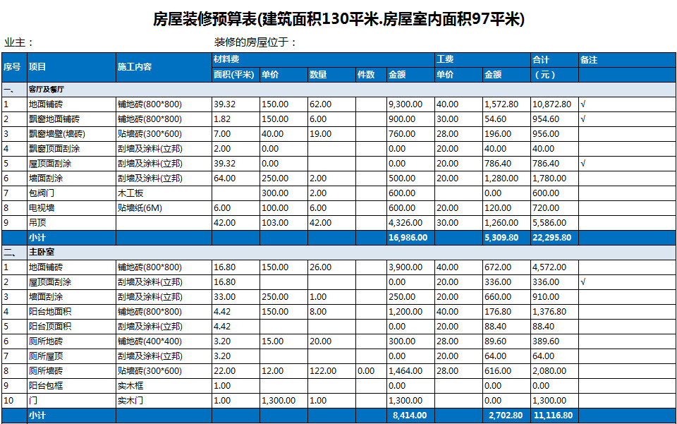 蓝色房屋装修预算表
