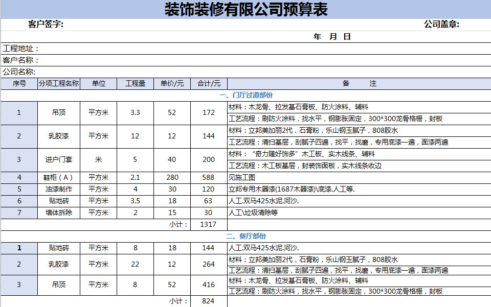 装修公司装饰预算表